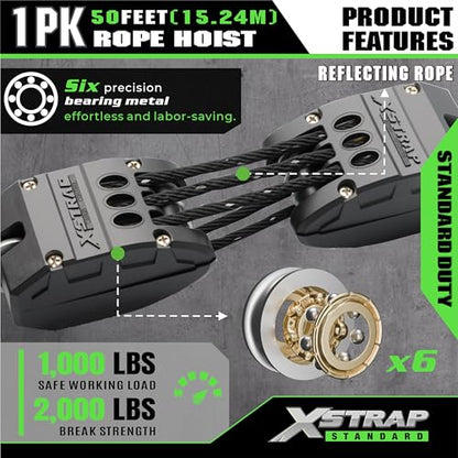 XSTRAP STANDARD 50FT Reflective Rope Hoist 1 Ton 5:1 Block & Tackle w/Loops - color: 50ft Reflective Upgraded