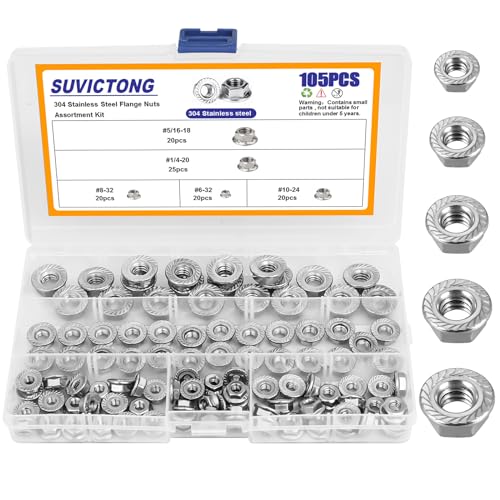 105pcs Serrated Flange Hex Lock Nuts Assortment Kit 304 Stainless Steel 5 Sizes - size: 105pcs Assortment kit