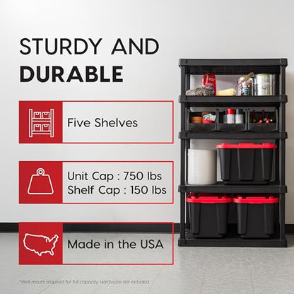 IRIS USA Plastic Storage Shelves |Made in USA| 68"H x 36"W x 18"D - Black - size: 5 Tier | 18"D x 36"W x 68"H