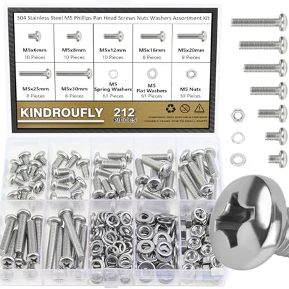 212 Pieces M5 x 6/8 /12/16 /20/25 /30mm Phillips Pan Head Machine Screws Nuts Washers Assortment Kit, 304 Stainless Steel, Fully Machine Thread - size: M5, style: Phillips Pan Head