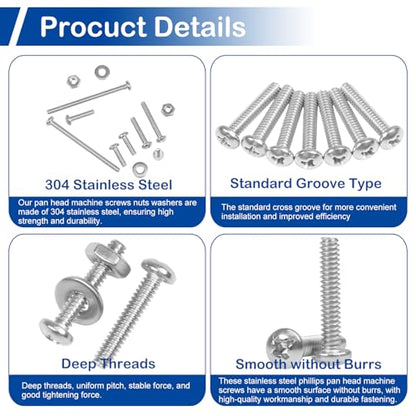 20 Sets #6-32 x 2 Pan Head Machine Screws Nuts Washers Assortment Kit - size: #6-32 x 2"