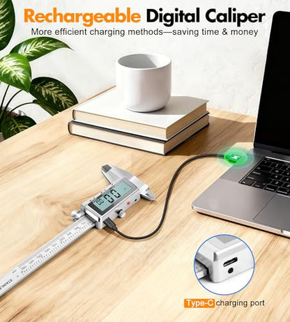 LuxBlue 6" Rechargeable Digital Calipers Measuring Tool with Backlit Screen
