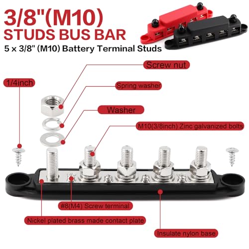 300A Bus Bar 5 Post 12V-48V Battery Terminal Power Distribution Block - color: M10(3/8")