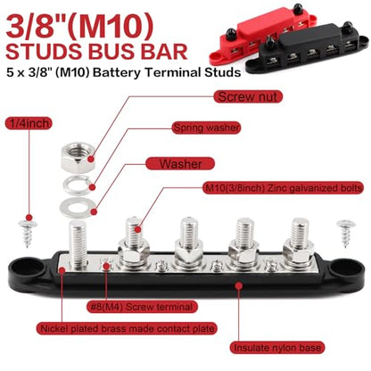 300A Bus Bar 5 Post 12V-48V Battery Terminal Power Distribution Block - color: M10(3/8")