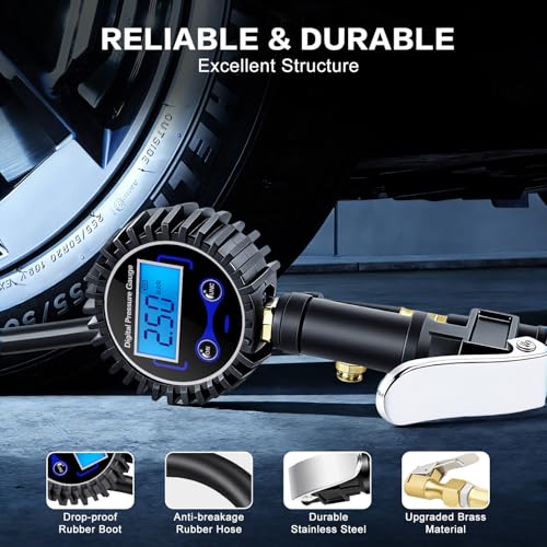 Digital Tire Pressure Gauge with Inflator 250 PSI - size: 1 Pack Full Kit