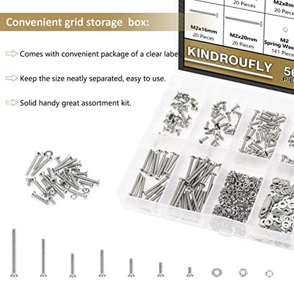 562 Pieces M2 x 4/6 /8/10 /12/16 /20mm Countersunk Head Socket Cap Screws Nuts Washers Assortment Kit, 304 Stainless Steel, Fully Machine Thread - size: M2, style: Countersunk Head Socket Cap