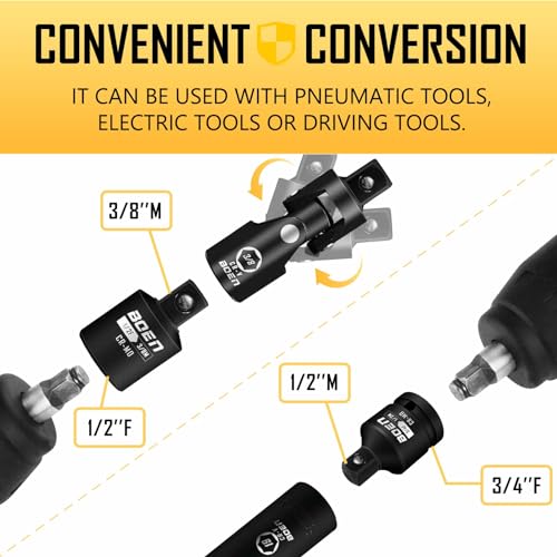 BOEN 10-Piece Impact Socket Adapter and Reducer Set, Standard SAE 1/4" 3/8" 1/2" 3/4", CR-MO Steel Driver & Wrench Conversion Kit Socket Reducer with 3/8" & 1/2" Universal Joint - size: 10 Piece