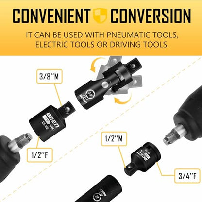 BOEN 10-Piece Impact Socket Adapter and Reducer Set, Standard SAE 1/4" 3/8" 1/2" 3/4", CR-MO Steel Driver & Wrench Conversion Kit Socket Reducer with 3/8" & 1/2" Universal Joint - size: 10 Piece