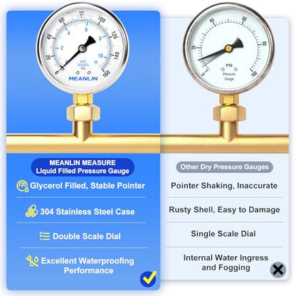 MEANLIN MEASURE 0~160Psi Stainless Steel 1/4" NPT 2.5" FACE DIAL Liquid Filled Pressure Gauge WOG Water Oil Air Lower Mount, with 1/2" NPT and 3/8" NPT Hex Bushing - size: 0-160Psi