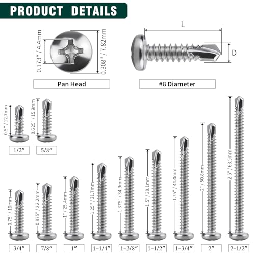 #8 x 1 Pan Head Self Drilling Screws, Phillips Drive, 410 Stainless Steel Sheet Metal Screws,Self Tapping, Dovetail, Pack of 100 - size: #8 x 1"