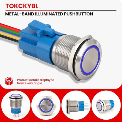 19mm Latching Push Button Switch 12V DC, IP65 Waterproof - color: Silver Stainless Shell Blue, size: 19mm