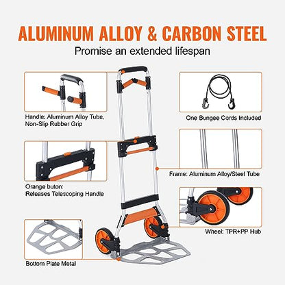 VEVOR Folding Hand Truck and Dolly, 309 Lbs Capacity, Aluminum Foldable Cart, Heavy-Duty Luggage Trolley Cart with Telescoping Handle and PP+TPR Wheels for Home, Office, Shopping, Travel - size: 309 lbs