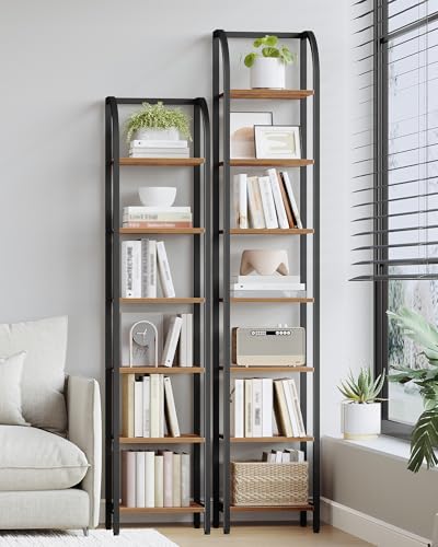Hzuaneri Bookshelf Narrow Bookcase, Tall Storage Rack with Steel Frame - color: Rustic Brown, size: 11.8 × 11.8 × 82 inch