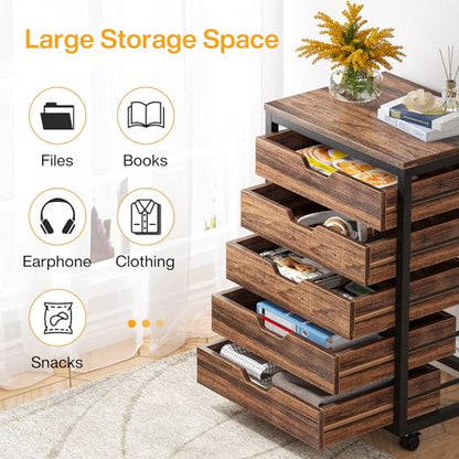 Tribesigns 5-Drawer File Cabinet, Wood Mobile Storage Drawer, Rustic Brown - color: Brown, size: 5 Drawer
