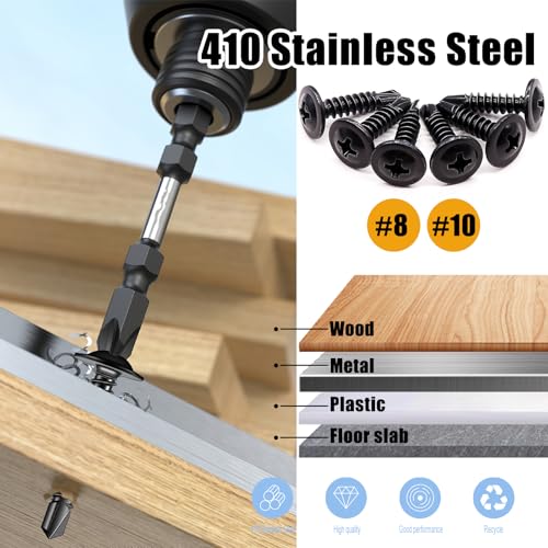 weideer 1220pcs Self Tapping Screws for Metal, 410 Stainless Steel,#8#10 - size: BK 1220PCS #8#10 Kit