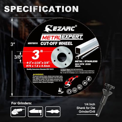 EZARC 25 Pack 3" Cut Off Wheels with 1/4" Mandrel, 3/8" Arbor Metal Cutting - size: 25PCS 3” x 1/16” x 3/8”& Mandrel
