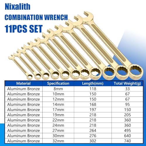 Nixalith 11PCS Non-Sparking Combination Wrench Set,8,10,12,14,17,19,22,24,27,30,32mm, Aluminum Bronze,Metric,12-Point Spark-free Spanner,Corrosion-resistance,Low-magnetic - color: 11pcs Set