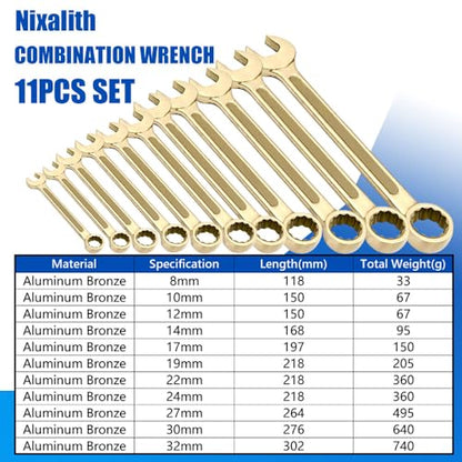 Nixalith 11PCS Non-Sparking Combination Wrench Set,8,10,12,14,17,19,22,24,27,30,32mm, Aluminum Bronze,Metric,12-Point Spark-free Spanner,Corrosion-resistance,Low-magnetic - color: 11pcs Set