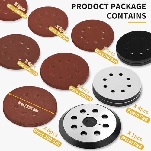 5 Inch 8 Holes Hook Loop Orbital Sander Metal Pad Replacement for Makita BO5010K BO5021 BO5030K BO5031K BO5041K with 4 PCS Foam & 36 PCS Sanding Discs 100 150 180 240 320 400 Grits - size: FIT 743081-8 & 743051-7