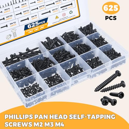 625 Pcs 14 Size Small Self Tapping Screws for Plastic and Metal, M2,M3,M4 Phillips Pan Head Small Screws,Black Carbon Steel Cross Recessed Round Head Self Tapper Screws Assortment Kit - color: Black 625 Pcs M2,M3,M4 Phillips Pan Head Screws