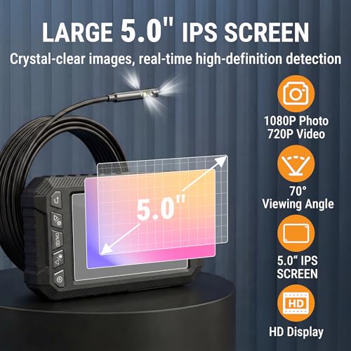 8mm Triple Lens Industrial Endoscope, 1080P Borescope Inspection Camera with 5" Screen, 16.5FT Semi-Rigid Cable, IP67 Waterproof Snake Cameras with Lights for Automotive, Plumbing - size: Triple Lens