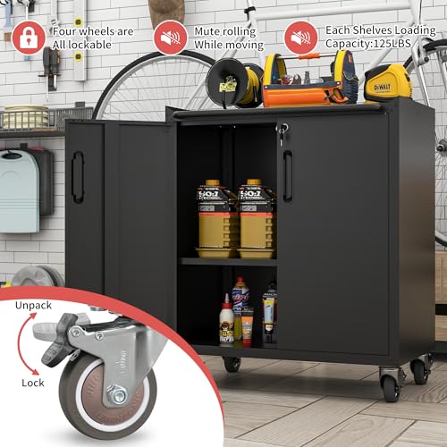 Metal Garage Tool Cabinet with 2 Lockable Doors & Wheels,Black - color: Black, style: 2 doors with wheels