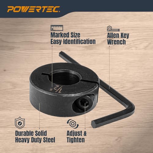 POWERTEC Drill Bit Stop Collar Set, 7 Piece Set Adjustable Drill Bit Depth Stopper with Allen Wrench, Bit Stop with Imperial System Size Markings - 1/8", 3/16", 1/4", 5/16", 3/8", 7/16", 1/2” (71491W) - style: 7PC Adj Drill Stop Set w/ Wrench