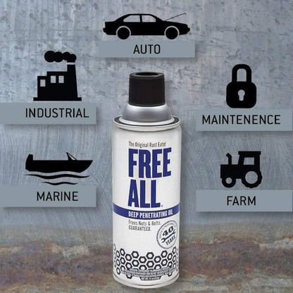 Free All Rust Eater Deep Penetrating Oil, 11 oz Aerosol – Loosens Rusted Bolts, Nuts, Pipe Connections & Locks – Industrial-Grade Rust Remover, Silicone-Free, Safe on Paint & Plastic Surfaces, 6-Pack - style: 6 Cans of 11 Ounces