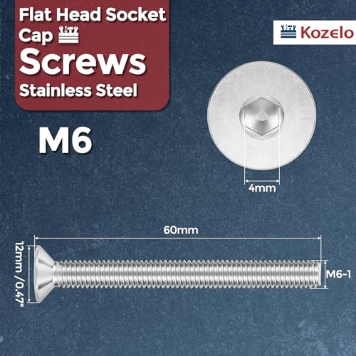 12Pcs[M6-1x60] Flat Head Socket Cap Screw Countersunk Bolt - color: Silver, size: M6-1 x 60mm