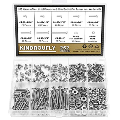 252 Pieces #4-40 x 3/16", 1/4", 5/16", 3/8", 1/2", 5/8", 3/4", 1", Countersunk Head Socket Cap Screws Nuts Washers Assortment Kit, 304 Stainless Steel, Fully Machine Thread - size: #4-40, style: Countersunk Head