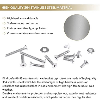 252 Pieces #6-32 x 1/4", 5/16", 3/8", 1/2", 5/8", 3/4", 1", 1-1/4", Countersunk Head Socket Cap Screws Nuts Washers Assortment Kit, 304 Stainless Steel, Fully Machine Thread - size: #6-32, style: Countersunk Head