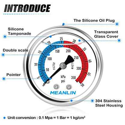 MEANLIN MEASURE 1/4" NPT 0-50psi Pressure Gauge, 2" Dial Glycerine Filled Pool Filter, 304 Stainless Steel Housing, Back Mount, with 1/2" NPT and 3/8" NPT Hex Bushing - size: 0-50Psi/0-350Kpa, style: Center Back Mount