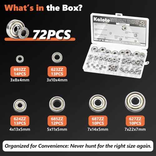 72PCS 6 Sizes Deep Groove Ball Bearings Assortment - size: 72PCS 693ZZ-627ZZ