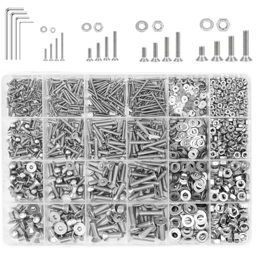 1285 Pieces M2 M2.5 M3 M4 Countersunk Head Socket Cap Screws Nuts Washers Assortment Kit, 304 Stainless Steel, Fully Machine Thread - size: M2 M2.5 M3 M4, style: Countersunk Head Socket Cap