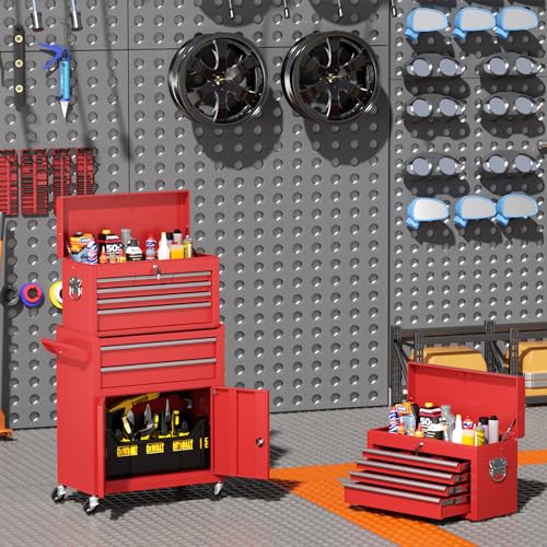 INTERGREAT 8 Rolling Drawers Tool Chest, Assembled Tool Chest with Wheels, Detachable Top Tool Box, Tool Cabinet for Repair Room,Warehouse, Rolling Tool Box with Hooks,Tray Divider,Red - color: Red, size: 8 Drawers