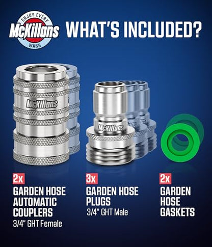 McKillans® 2025 Automatic Garden Hose Quick Connect [UNIVERSAL FIT] - Stainless Steel Quick Connect Hose Fittings - Water Hose Connectors - Quick Disconnect Adapter - INSTANT CONNECTION - 5 Pc Kit - color: Automatic Quick Connects