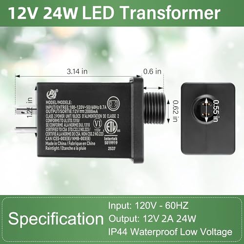 12V 24W LED Transformer Replacement Class 2 Power Supply for Christmas String Light Inflatable Decorations LED Controller IP44 Waterproof Low Voltage