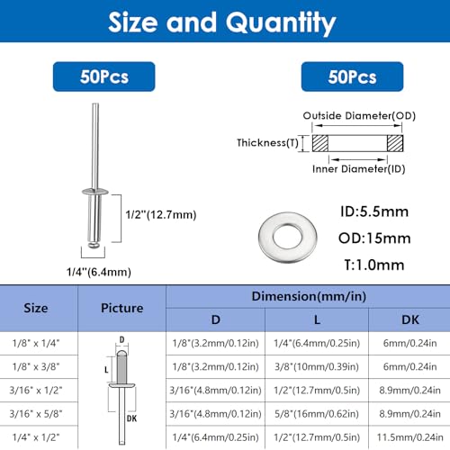 smseace 100Pcs 1/4"x1/2" Pop Rivets with Washer Assortment Kit 6.4x12.7mm Pop Rivets and 1/4" 304 Stainless Steel Backup Washers Aluminum Rivets kit for Metal/Furniture/Automotive/Instruments - size: 1/4"x1/2"