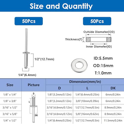 smseace 100Pcs 1/4"x1/2" Pop Rivets with Washer Assortment Kit 6.4x12.7mm Pop Rivets and 1/4" 304 Stainless Steel Backup Washers Aluminum Rivets kit for Metal/Furniture/Automotive/Instruments - size: 1/4"x1/2"