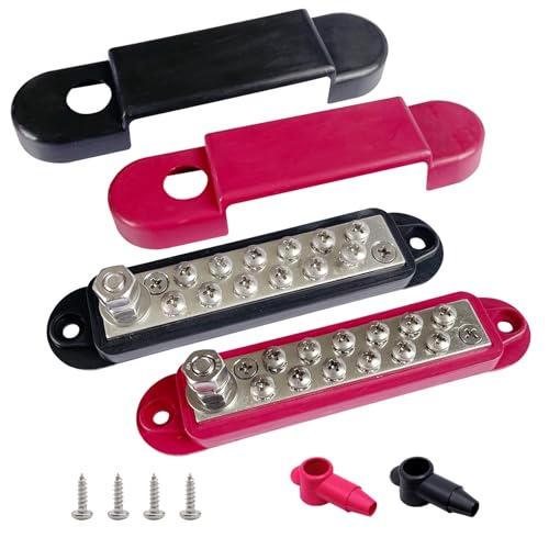 Ampper 1/4" Stud Power Distribution Block Bus Bar with 12 x #8 Screw, R & B - color: Red & Black, size: Plated Brass