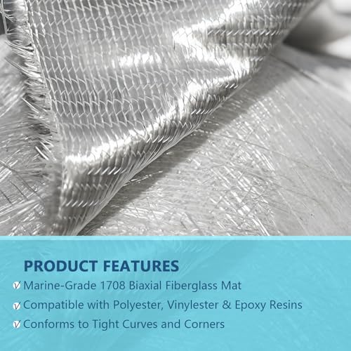 1708 Biaxial Fiberglass Cloth 50" x 10 ft | 17 oz Biaxial + 0.75 oz Mat | for Marine, Auto Body, Tank Repair & Fabrication - size: 50" x 10ft