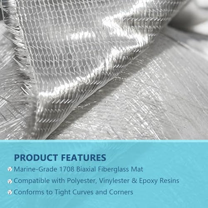 1708 Biaxial Fiberglass Cloth 50" x 10 ft | 17 oz Biaxial + 0.75 oz Mat | for Marine, Auto Body, Tank Repair & Fabrication - size: 50" x 10ft