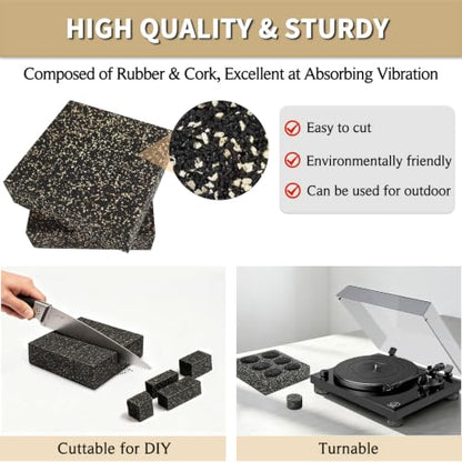 BXI Thick Subwoofer Isolation Pad, 6 X 6 X 2 Inch 2 Pcs Cuttable Full Frequency Dampening Blocks, Non Slip Heavy Duty Speakers Mat Riser, Rubber Cork Anti Vibration Feet for Studio Monitor Turntables
