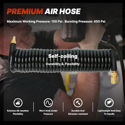 Polyurethane Recoil Air Hose, Air Compressor Hose 3/8" Inner Diameter by 25' Long with Bend Restrictor, 1/4" Industrial Quick Coupler and Plug, Black - size: 3/8IN