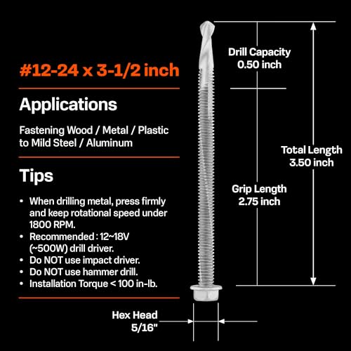 SUNKIN 40PCs Self Tapping Screws for Metal, Hex Head #12 x 3-1/2 Inch, Self Drilling for Thick Steel, Less Effort Installation, Long Lasting Anti Rust Coating - size: #12x3-1/2 inch(40pcs)