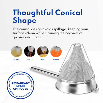 New Star Foodservice Reinforced Bouillon Strainer, 8-Inch, Fine Mesh, 18/8 Stainless Steel, Commercial Kitchen Strainer for Stocks, Sauces, Soups, and Purees (Pack of 6) - size: 8-Inch (Pack of 6)