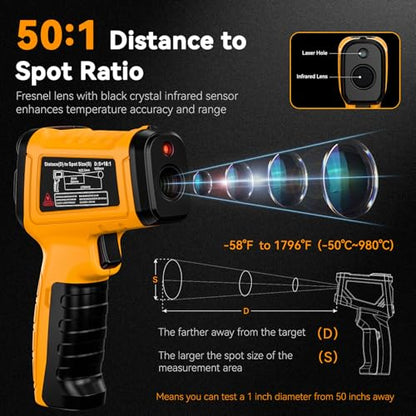 Infrared Thermometer Gun -58°F to 1796°F, 50:1 Temperature - color: -58°F to 1796°F, Yellow