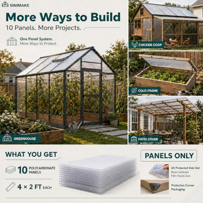 Sinimaka 10-Pack Polycarbonate Greenhouse Panels, 4 x 2 ft, 0.24 in 6mm Twin-Wall Sheets, UV-Coated Translucent Roof Replacement for Greenhouses and Cold Frames - size: 4' x 2' x 0.24'' 10Pack