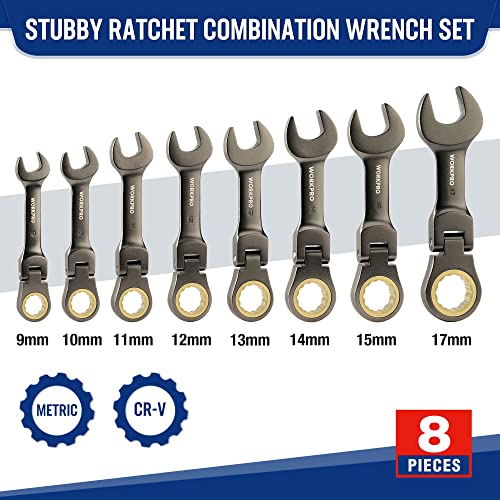 WORKPRO 8 Piece Flex Head Stubby Ratcheting Wrench Set, Metric 9-17mm - size: Metric, style: Nickel-plated