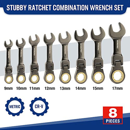 WORKPRO 8 Piece Flex Head Stubby Ratcheting Wrench Set, Metric 9-17mm - size: Metric, style: Nickel-plated